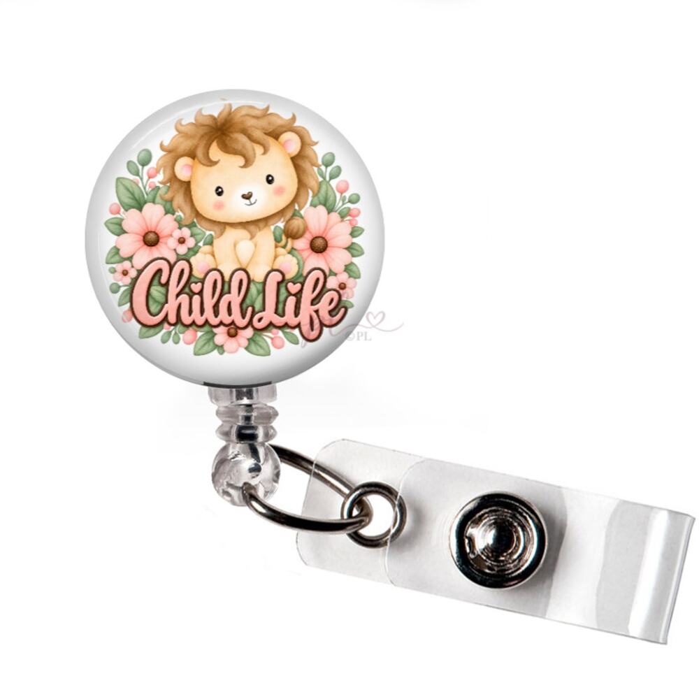 Child Life Specialist Badge Reel Pediatric Hospital Cute Lion Floral ID Holder